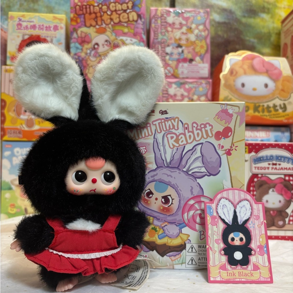 Ink Black Mini Tiny Rabbit Stuffed Animal Keychain with Boba Eyes 👀